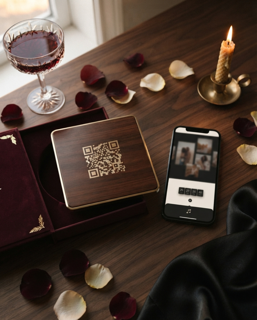Colección Aniversario: ejemplo de QR grabado en madera