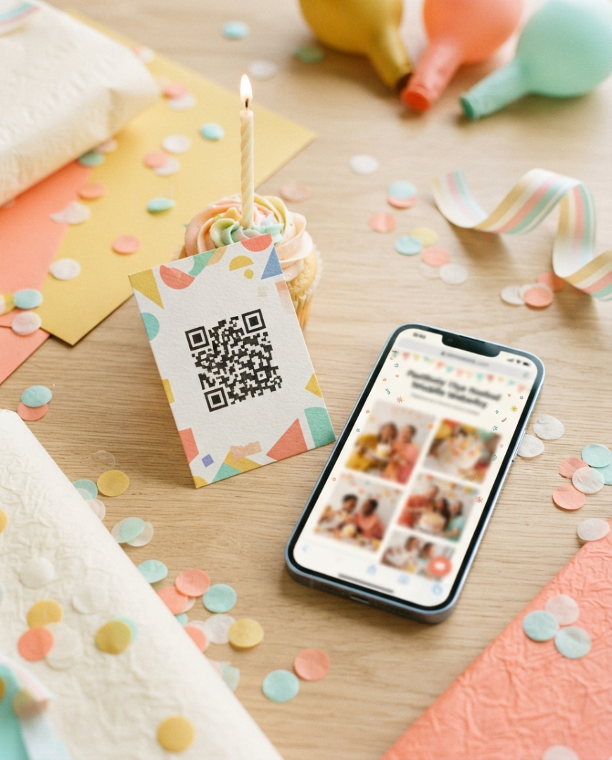 Colección Celebraciones: ejemplo de QR impreso junto a cupcake y confeti