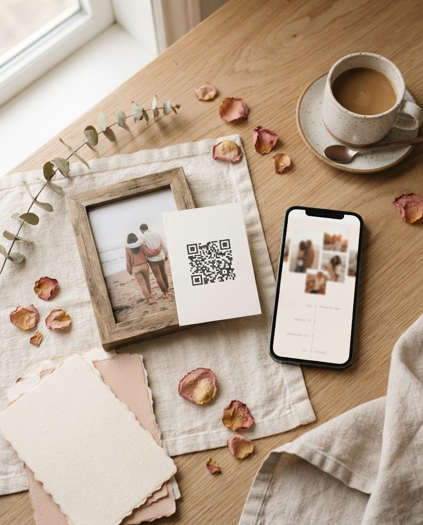 Ejemplo de código QR impreso junto a un marco de fotos y un teléfono mostrando la web
