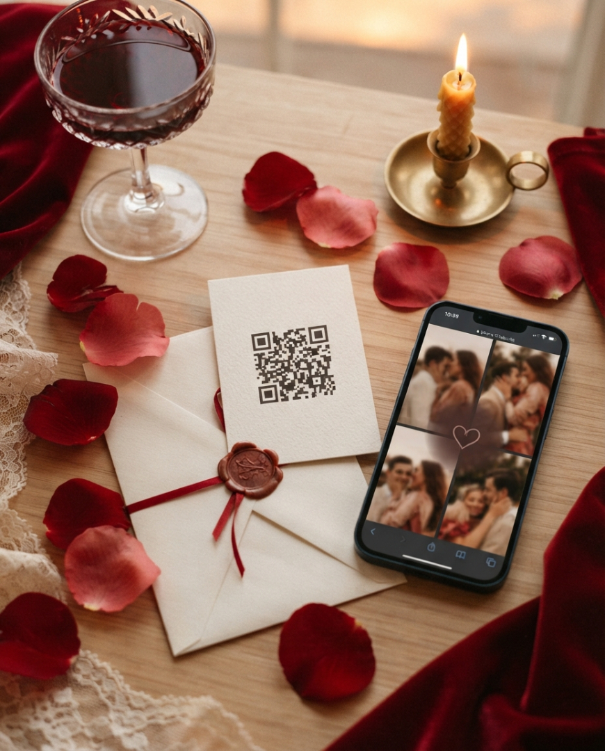 Colección San Valentín: ejemplo de QR impreso con sobre y sello de cera